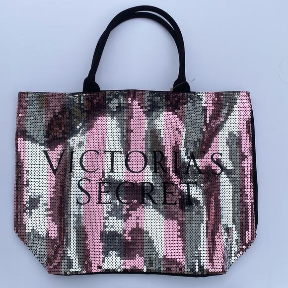 Victoria’s Secret Tote Bag Pink Silver Sequin Stripes Limited Edition NEW - Picture 1 of 6